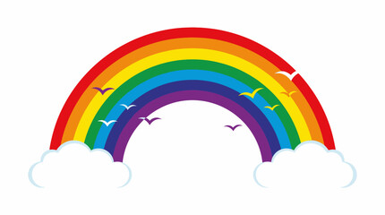 Fototapeta premium A colorful rainbow arching over fluffy white clouds with small birds flying in a clear sky, symbolizing hope and nature's beauty.