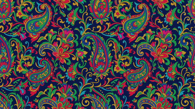 Vibrant and intricate paisley pattern with colorful floral and swirling vine motifs on a dark blue background, showcasing traditional textile design.