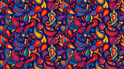 Vibrant seamless pattern featuring intricate paisley and floral motifs in a rich palette of blue, red, orange, yellow, and purple hues on a dark background. © Abhinaya Project