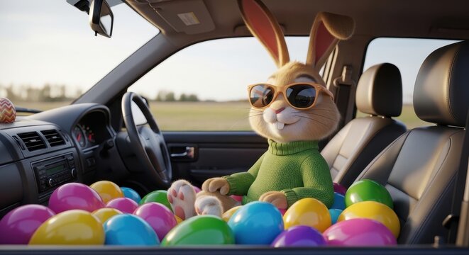 A cheerful easter bunny wearing sunglasses sitting in a car filled with colorful easter eggs
