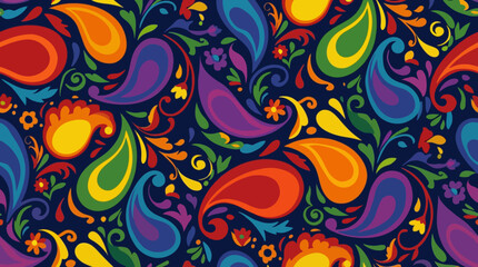 Vibrant and colorful paisley pattern with intricate floral motifs on a dark blue background, creating a retro psychedelic design. © Abhinaya Project
