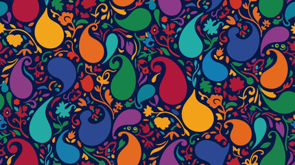 Vibrant and intricate seamless paisley pattern with colorful teardrop shapes and floral elements on a dark background. © Abhinaya Project