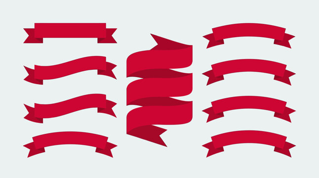 A collection of red ribbons and banners in various shapes and styles, perfect for design elements and festive decorations.