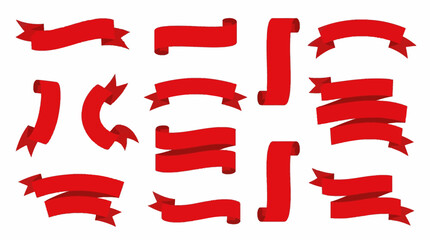 A collection of red ribbon banners and decorative elements in various shapes and styles, isolated on a white background, perfect for design projects.