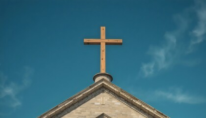 Christian Cross Standing Proudly on Church Roof, Religious Symbol, Christian Faith, Sacred Architecture, Spiritual Landmark, Church Exterior