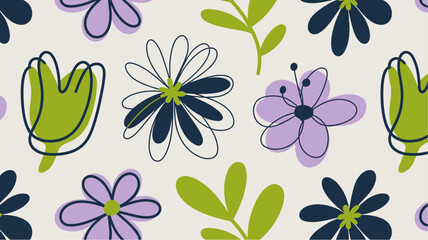 Obraz premium Stylized purple and navy flowers with lime green leaves in seamless pattern for textile and digital applications
