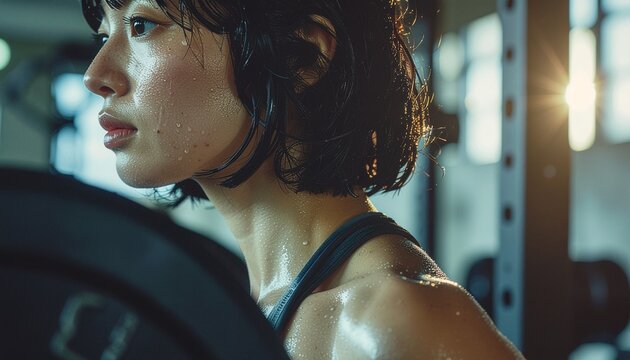 都会的でモダンなジムにてバーベルスクワットで下半身を鍛える筋肉質な女性