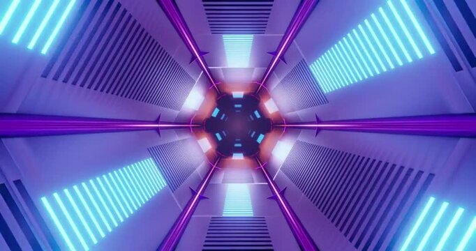 Seamless Loop of Futuristic Hexagonal Sci-Fi Tunnel with Neon Blue and Purple Lights