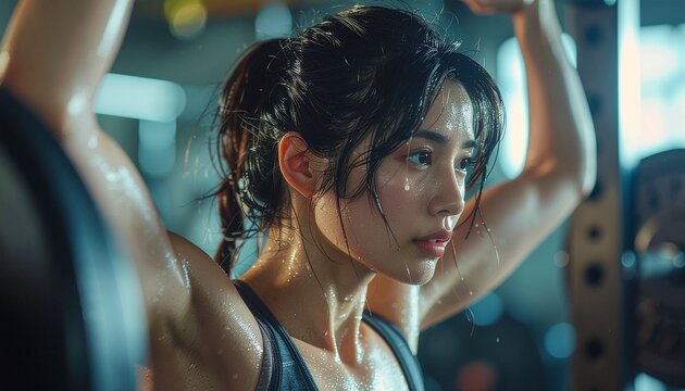 都会的でモダンなジムにてバーベルスクワットで下半身を鍛える筋肉質な女性