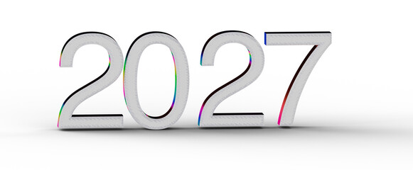 2027 text in 3D with colorful gradients. Ideal for new year greetings, events, and futuristic themes. Suitable for web, © vegefox.com