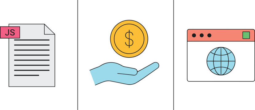 Vector icon set featuring JavaScript code file hand holding dollar coin and global web browser for fintech development