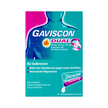 Gaviscon double oral suspension front packaging of 24 single doses for symptomatic treatment of heartburn or acid reflux closeup isolated on white background.