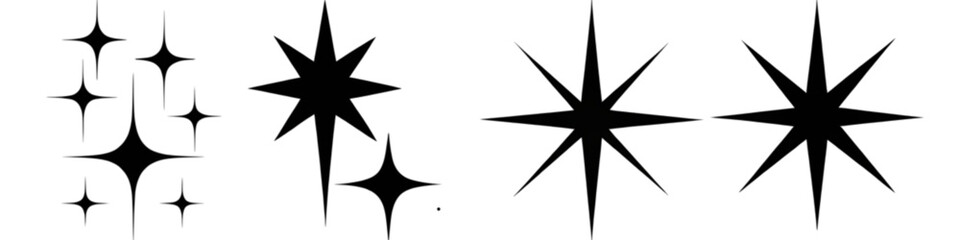 Obraz premium A collection of various black star icons and sparkling glint shapes for decorative graphic design Vector