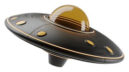 Fototapeta premium Futuristic metallic flying saucer hovering in isolated space concept featuring a glossy amber dome and glowing gold accents on a dark textured surface for advanced sci fi visualization and cinematic