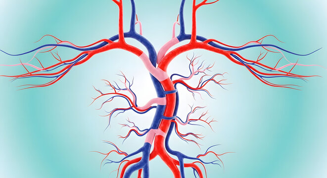 Detailed 3D Human Aortic Arch and Great Vessels &ndash; Anterior View of Thoracic Circulation. High-resolution 3D medical illustration of the human circulatory system focusing on the aortic arch