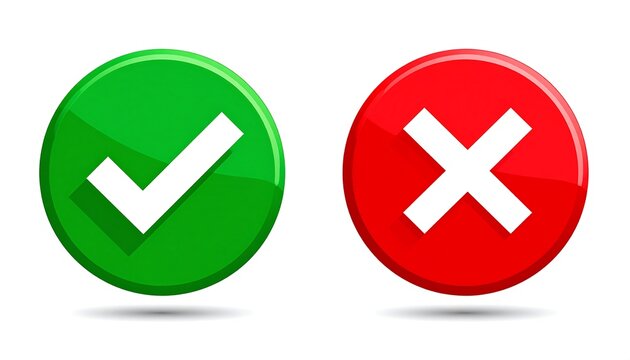 Green check mark and a red cross mark in circle shapes with glossy lighting effects on a white background