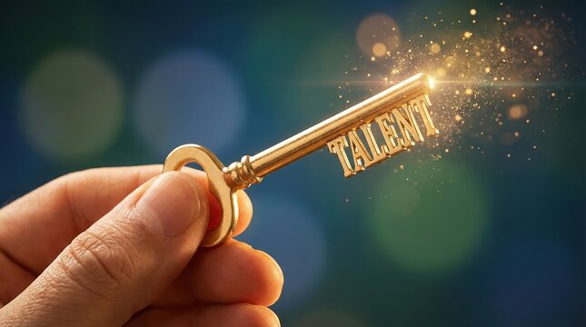 A hand holding a golden key with the word talent as a metaphor for recruitment and business success.