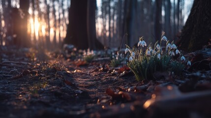 Obraz premium Morning dew on snowdrops forest path nature photography serene environment close-up view beauty of spring