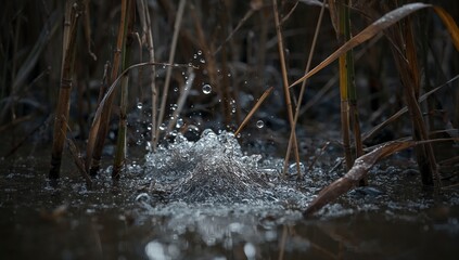 Showing crown-shaped water splash rising in shallow marsh, with tall reed stems and ripples