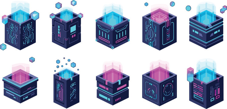 Futuristic isometric cyberpunk cube set with glowing neon blue and pink circuit patterns for high-tech data storage and virtual reality gaming interface design.