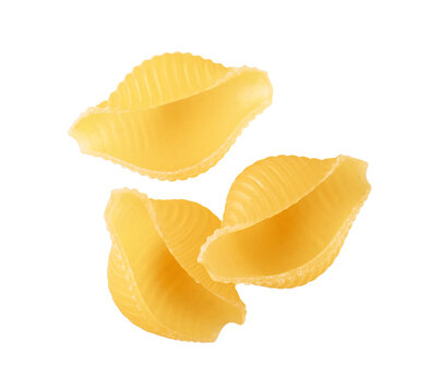 Dry yellow shell pasta conchiglie isolated on transparent background