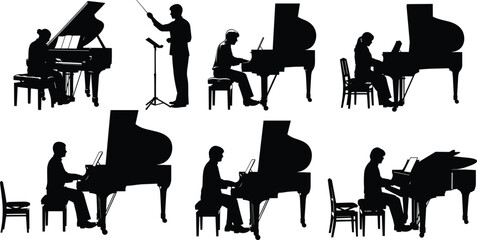 Piano player silhouettes, grand piano performance, classical music musician, pianist practice, conductor directing, black silhouette illustration, orchestra rehearsal, music art © Mehedi