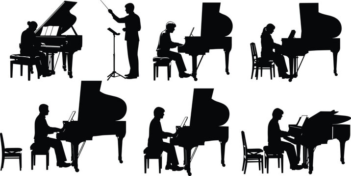 Piano player silhouettes, grand piano performance, classical music musician, pianist practice, conductor directing, black silhouette illustration, orchestra rehearsal, music art