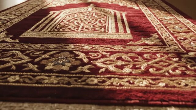 A captivating close-up shot reveals the intricate details of a luxurious, traditional red textile, possibly a rug or carpet, bathed in warm, evocative light. Golden thread patterns, featuring elaborat