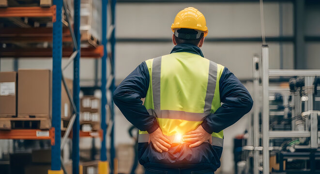 A warehouse worker wearing a hard hat and safety vest experiences lower back pain on the job site