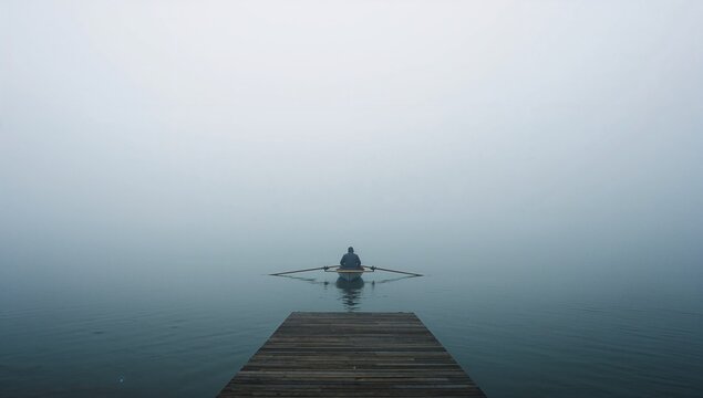 Rowing man wearing dark jacket paddling scull past wooden dock on foggy lake, oars cutting water