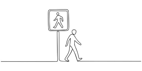continuous one line drawing Vector illustration of a person walking past a pedestrian crossing sign © SHANTO