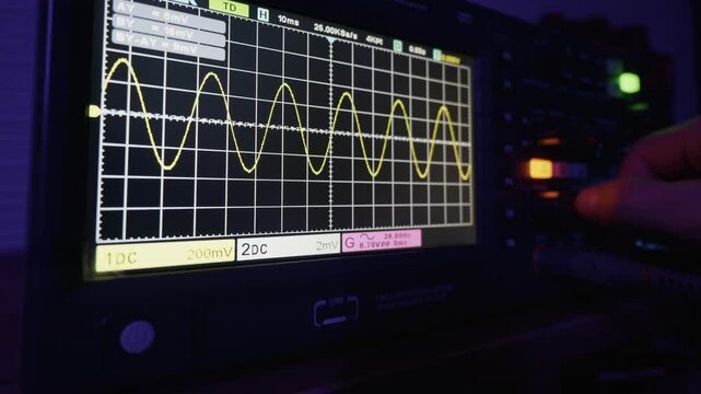 Close up of a technician hand adjusting a digital oscilloscope, changing waveform frequency and amplitude. Concept of electronic measurement and engineering diagnostics.