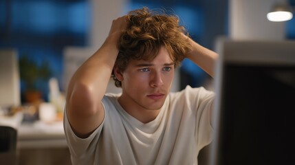 Obraz premium Young trader experiencing cryptocurrency flash crash in real time, grabbing hair in panic, multiple devices showing coordinated digital asset collapse, energy drinks and stress snacks scattered,