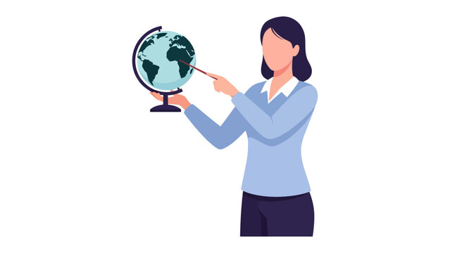 Global Teacher's Lesson: A female teacher is pointing the continent on globe in education lesson setting. Illustrating a dedication in teaching world geography concept.