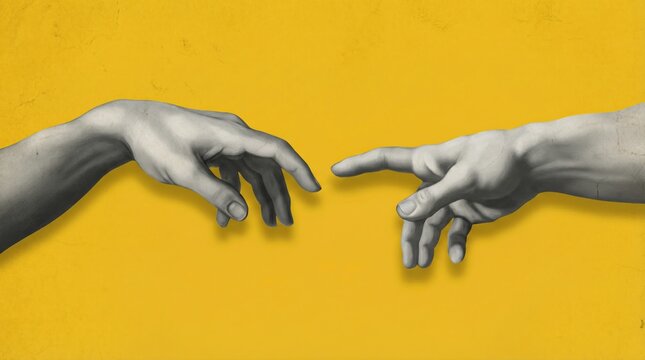 Modern artistic interpretation of the creation of adam showing two hands reaching out on a vibrant yellow background.