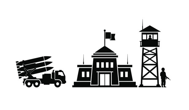 Black silhouette of a missile truck stationed near a military base building and a guard tower