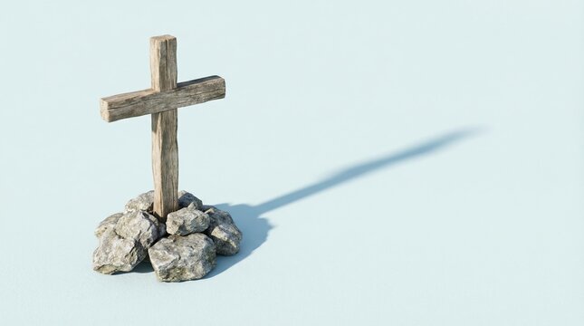 Rustic wooden cross standing on a pile of stones against a clean blue background for Easter and religious concepts.