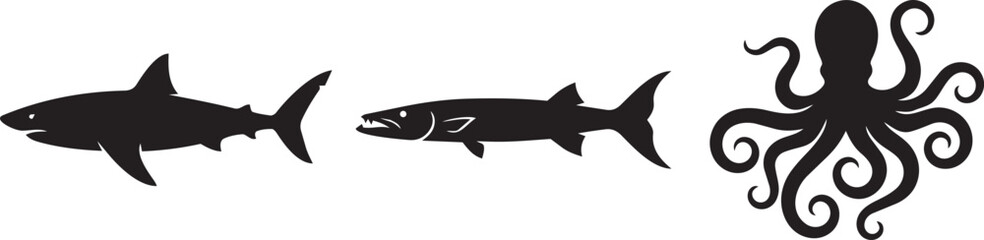 Vector illustration of two sharks and an octopus in silhouette for aquatic or ocean themes © Nur