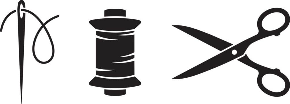 Vector illustration of sewing needle with thread, spool of thread, and scissors