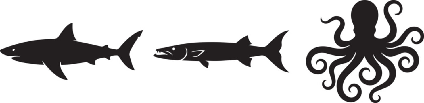 Vector illustration of two sharks and an octopus in silhouette for aquatic or ocean themes