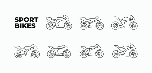 Sport bikes line icons set. Simple line art illustration of sport bike racing motorcycle symbol logo icon collections. Editable stroke © Royan
