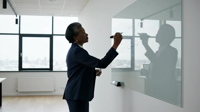 african american senior businesswoman writing on glass whiteboard in modern office. corporate strategy planning, brainstorming session, leadership concept.