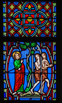 Adam and Eve Expulsion Stained Glass, Saint Pierre Cathedral Vannes