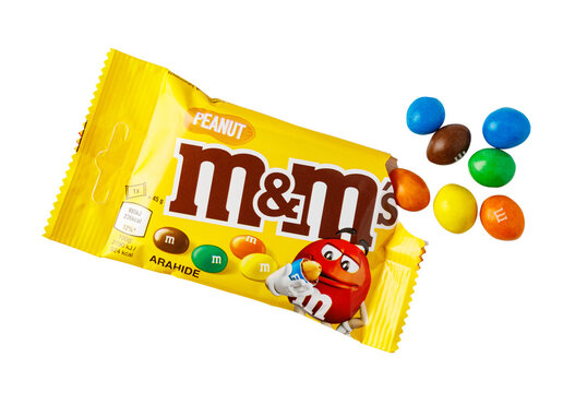 M&m's peanut candy bag and spilling chocolates