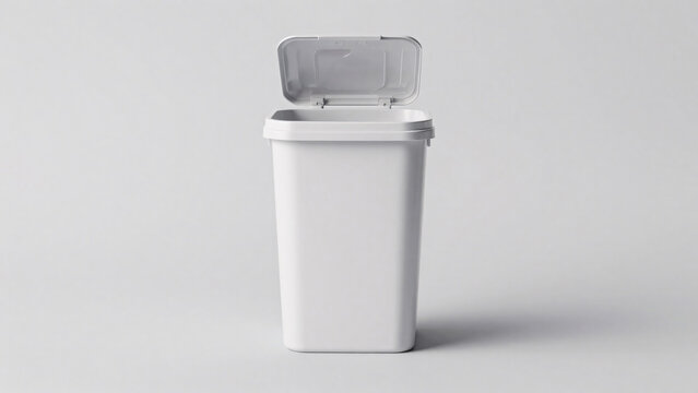 Sleek White Rectangular Trash Can with Open Lid on a Clean White Background, Ideal for Modern Home or Office Waste Management