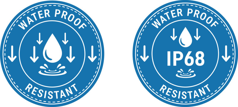 Waterproof and I P68 resistant blue circular icons with arrows and water drops water resistant ip68