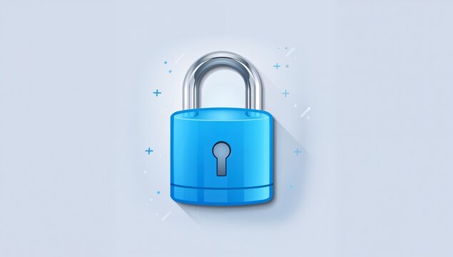 Showing blue padlock sitting center on pale gradient, featuring keyhole, metal shackle, soft shadow