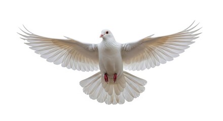 Obraz premium A beautiful pure white dove in mid-flight with its wings spread wide against a plain background