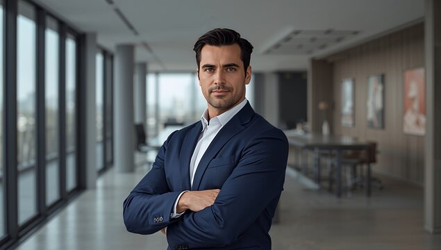 Standing executive wearing navy suit and white shirt, crossing arms in modern office with windows