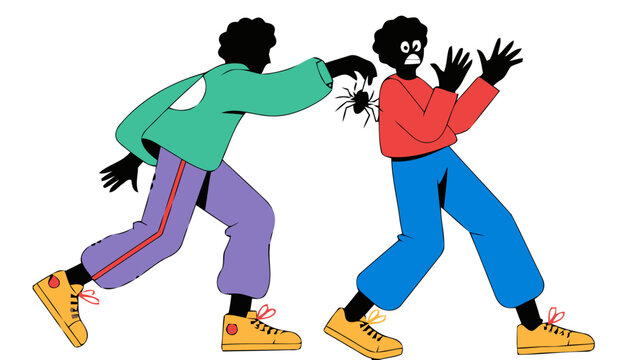 Vector illustration of two people in dynamic poses one appearing to drop something conveying action and surprise
